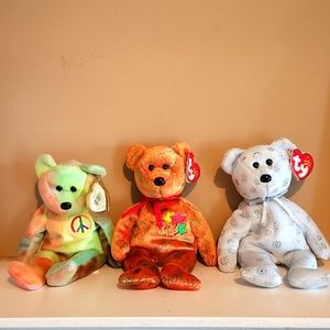 Set of 3 Ty Beanie Babies, Kanata, Peace and Flaky